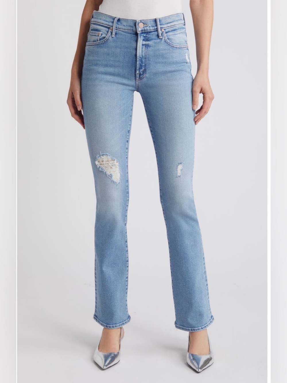 MOTHER Light Blue Distressed Flare Jeans